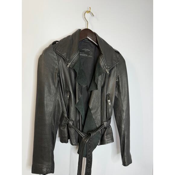 AllSaints Spitalfields Y2K Jacks Place Leather Moto Belted Black Jacket Sz 8 S - Picture 14 of 16